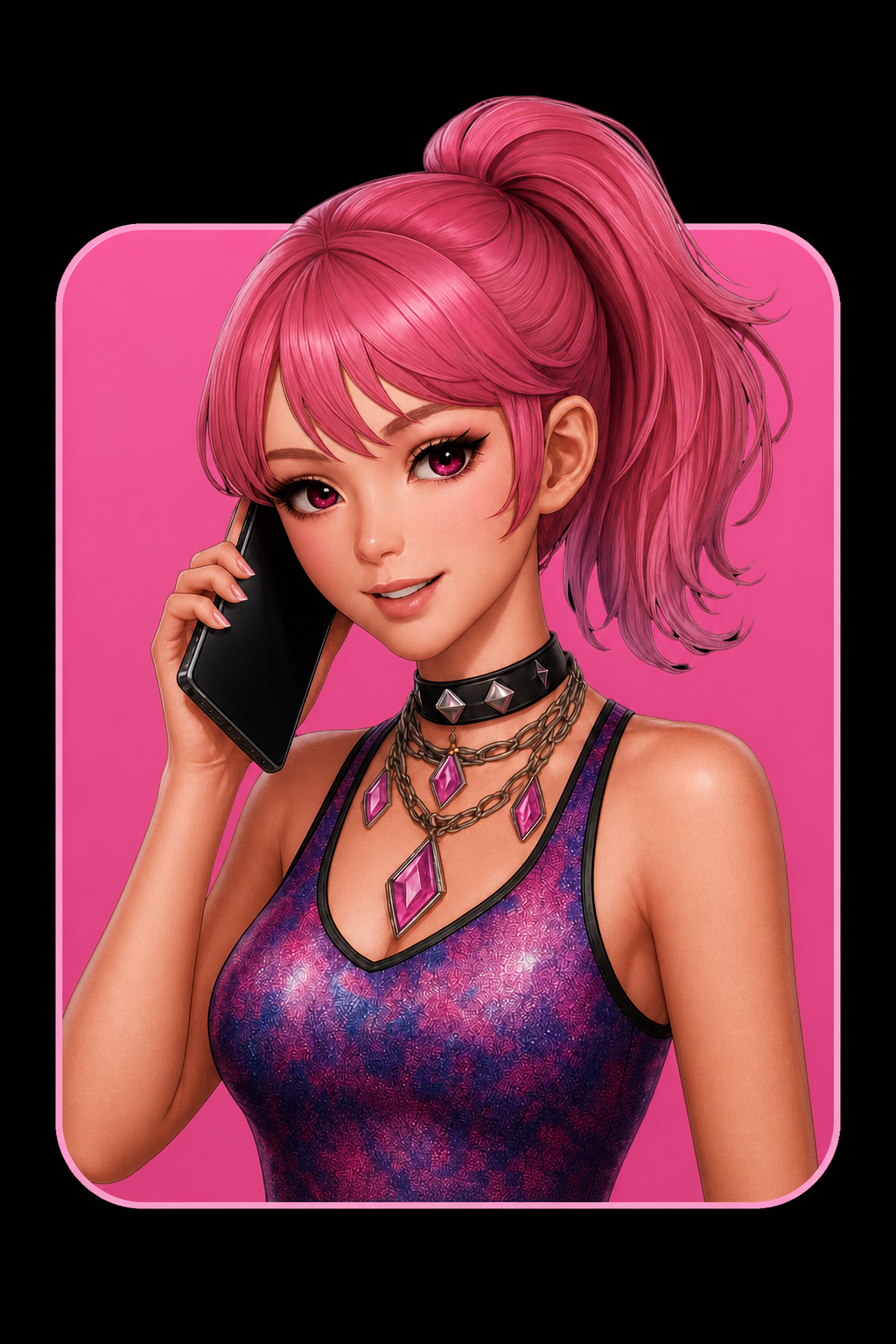 Whimly's pink-haired character holding a phone