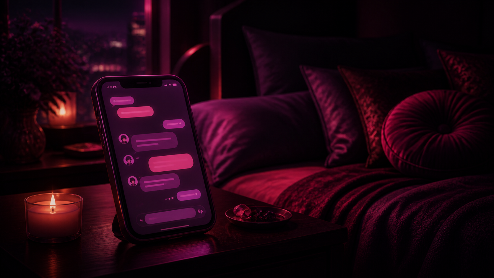 A phone conversation beside a candlelit bed