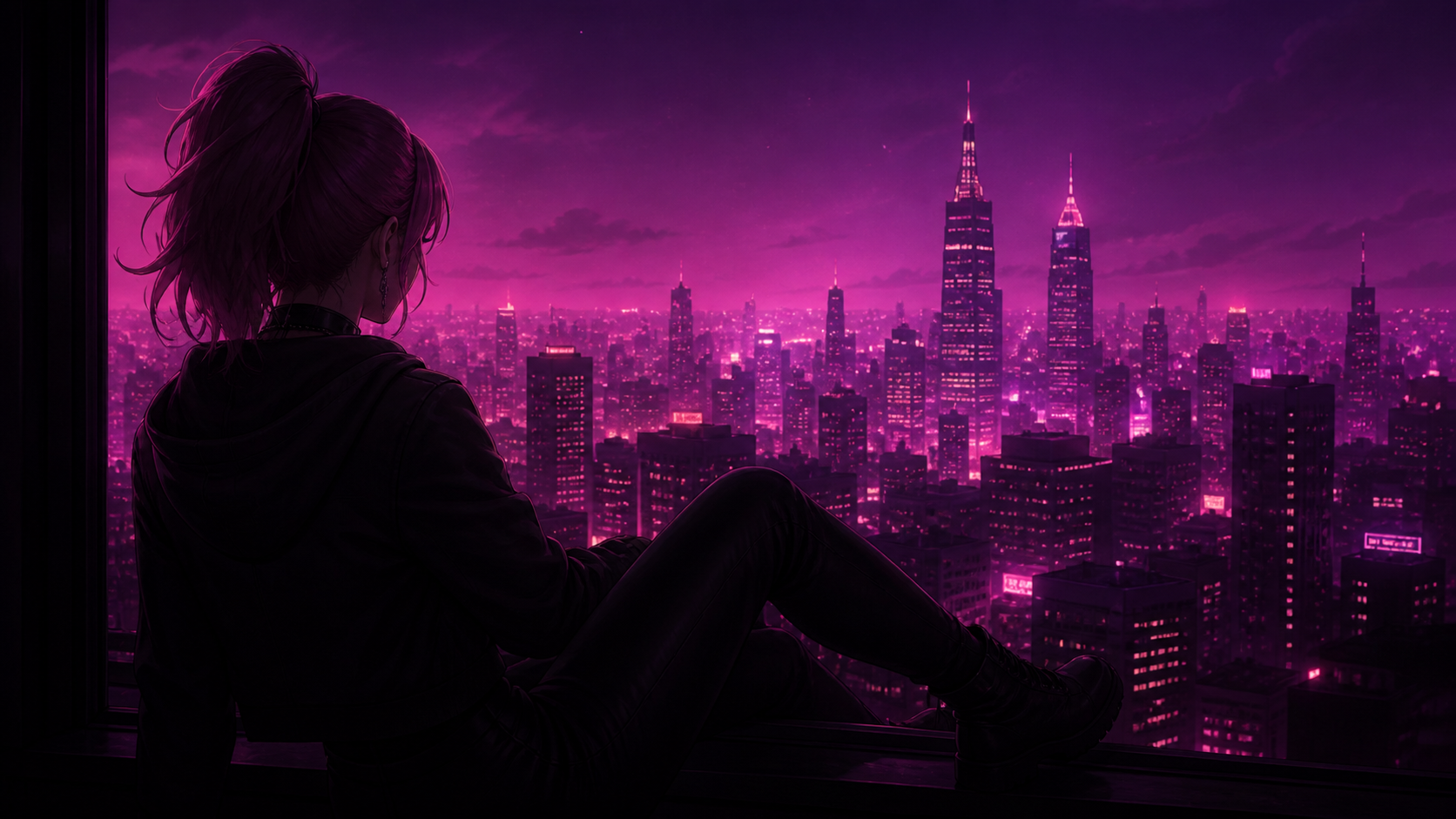 A character looking across a neon city at night
